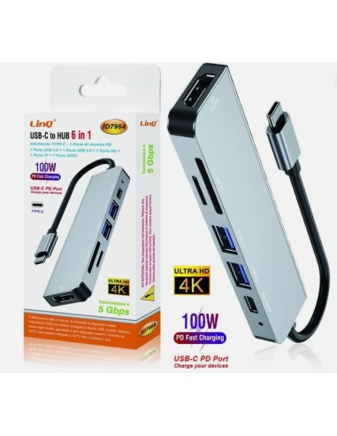 ID7964  Hub USB-C 6 in 1 4K HDMI 100W PD 5Gbps SD/TF